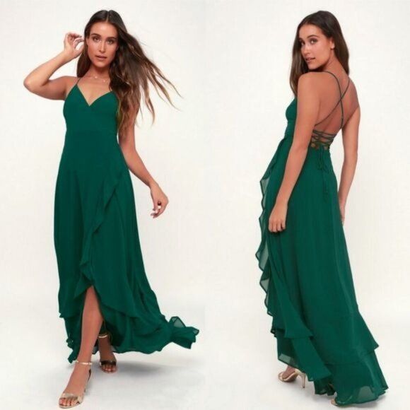 LULUS In Love Forever Emerald Green Lace-Up High-Low Max Large Womens - Picture 1 of 10